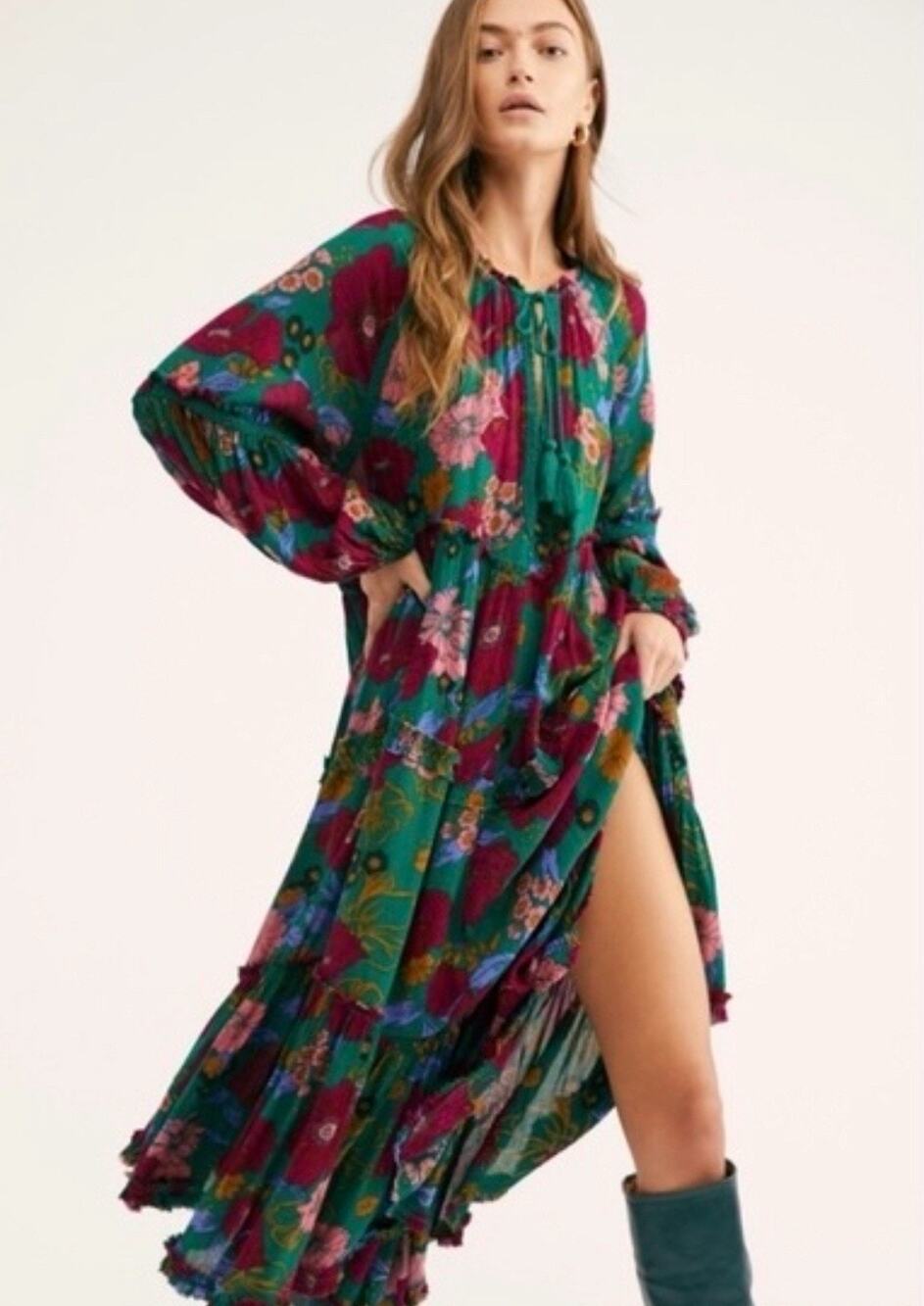Free People In The Moment Maxi Dress Medium Oversized Green Floral Boho Western